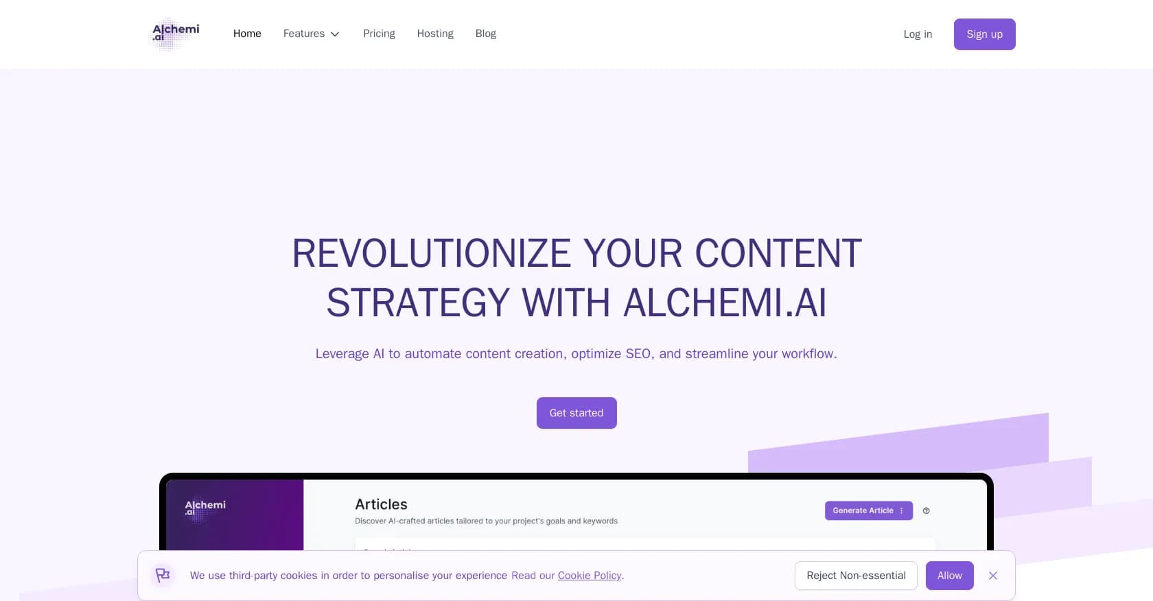 Alchemi homepage screenshot — Revolutionize your content strategy with AI