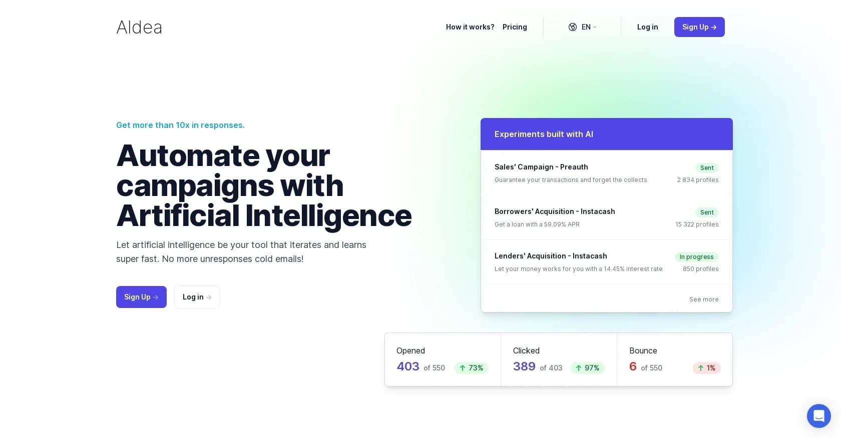 Aldea homepage screenshot — Auto-generate email campaigns that learn from success