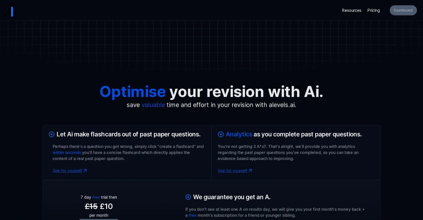 Alevels homepage screenshot — Ace your A Levels with AI