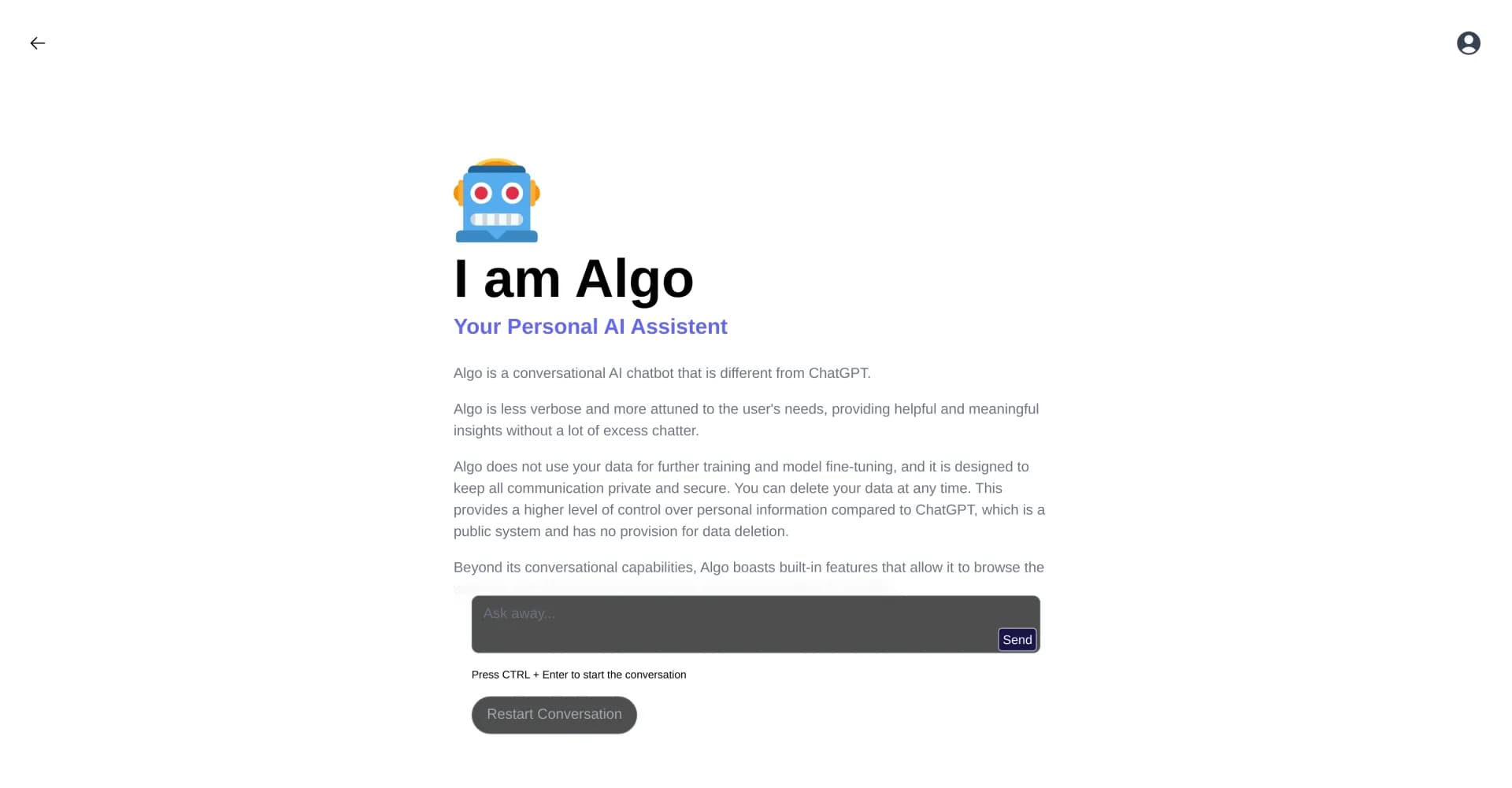 Algo homepage screenshot — Your concise AI assistant for insights and privacy.