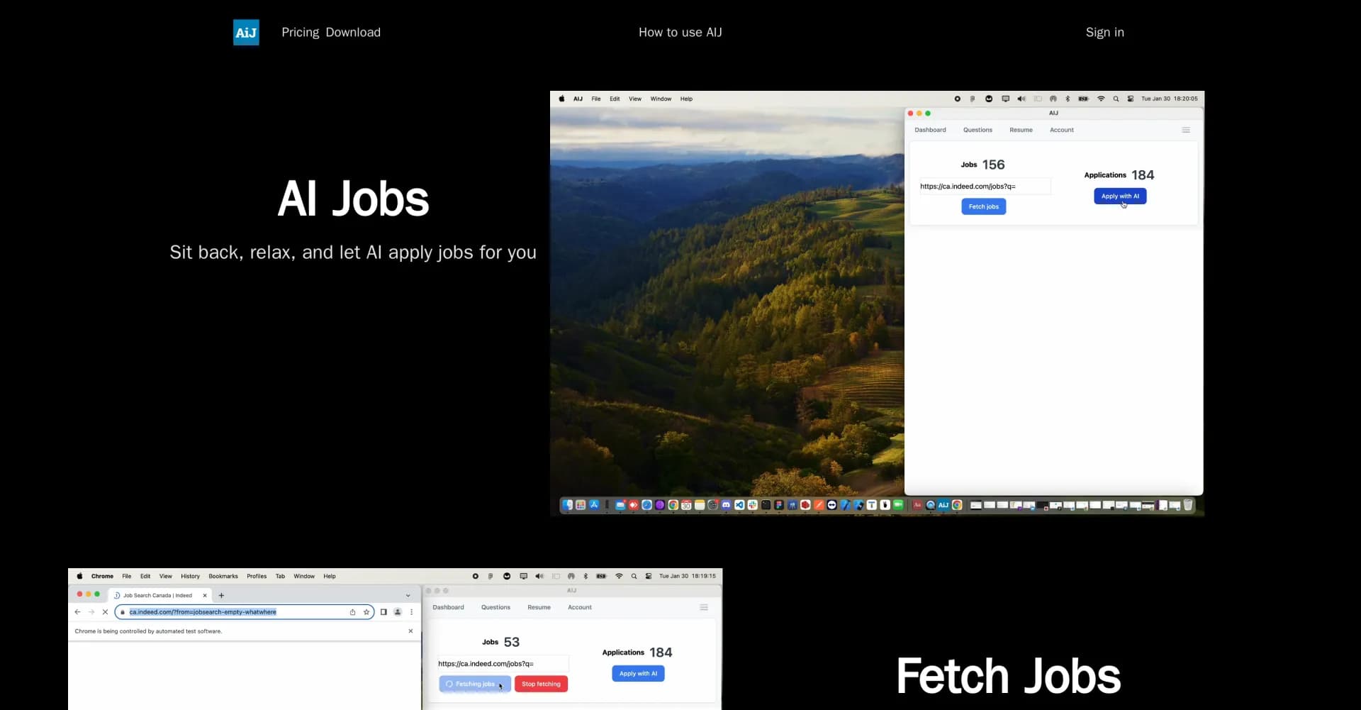 AlgoJobs homepage screenshot — AI applies to jobs for you while you relax.
