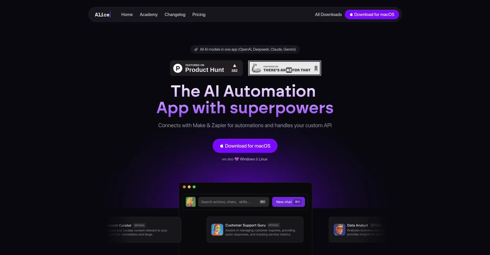 Alice - AI Automation Appv3.5.0 homepage screenshot — The AI automation app with superpowers
