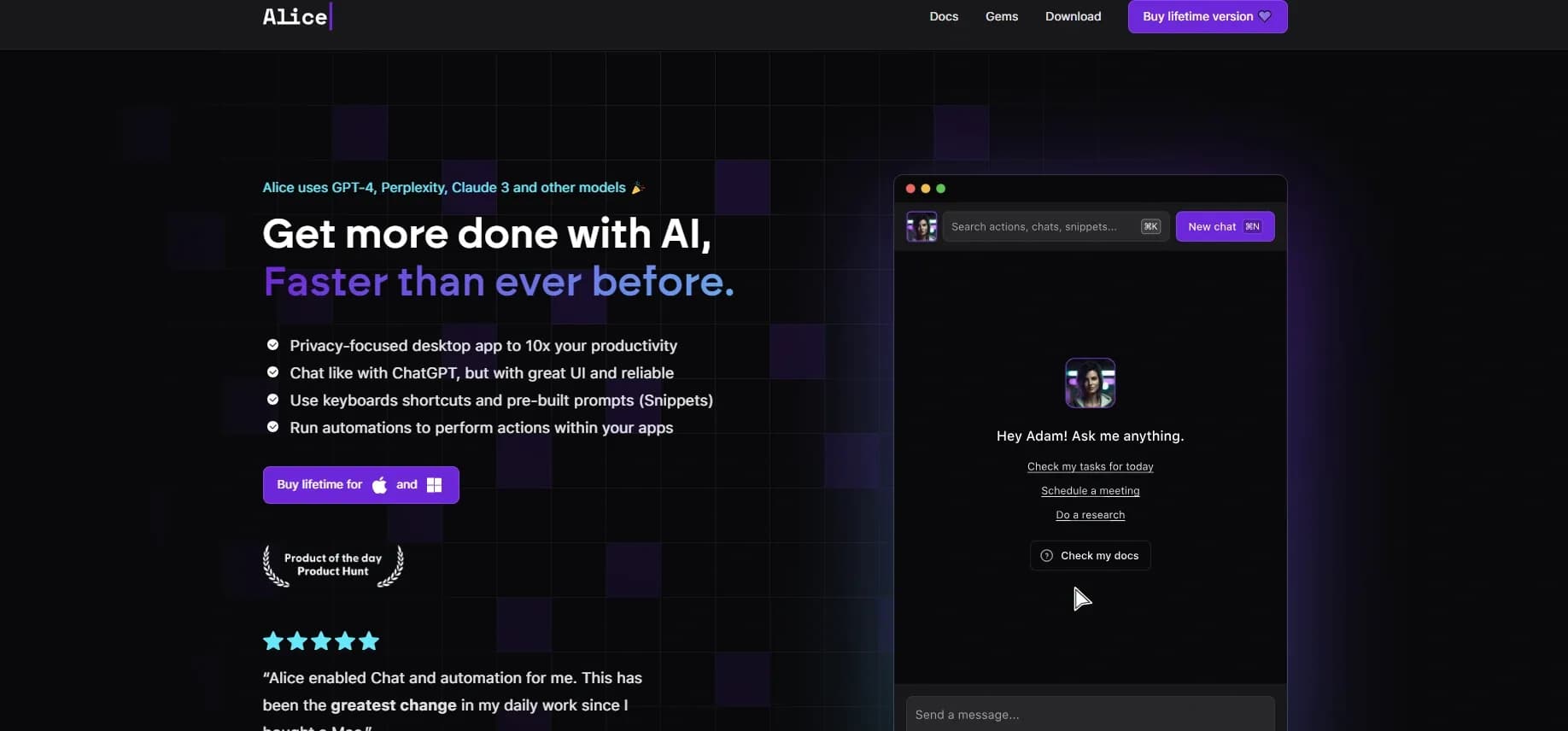 Alice App homepage screenshot — 10x your productivity with AI-powered chat and automation