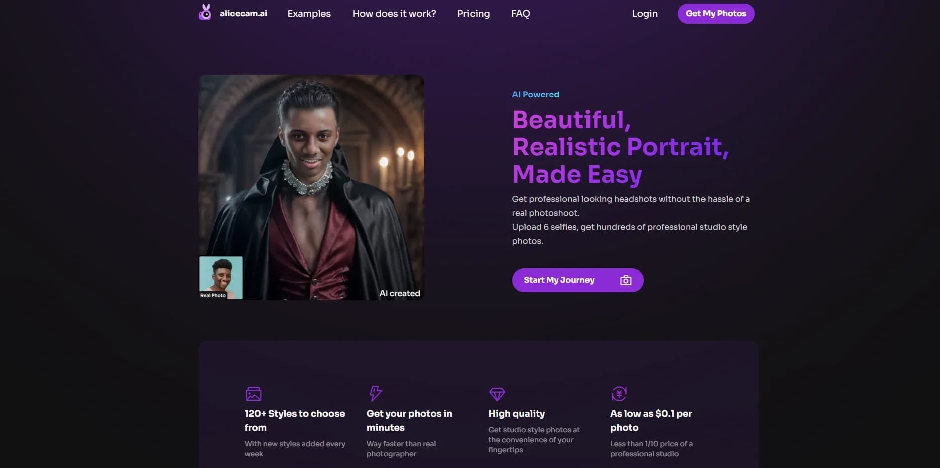 AliceCam homepage screenshot — AI-powered portraits: Selfies to stunning headshots in minut