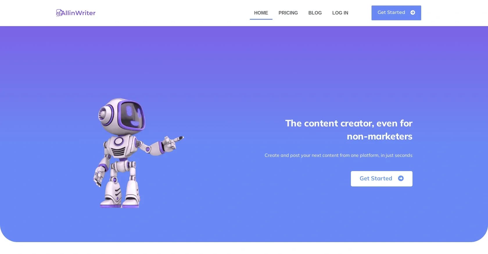 AllinWriter homepage screenshot — One-click content creation for non-marketers.