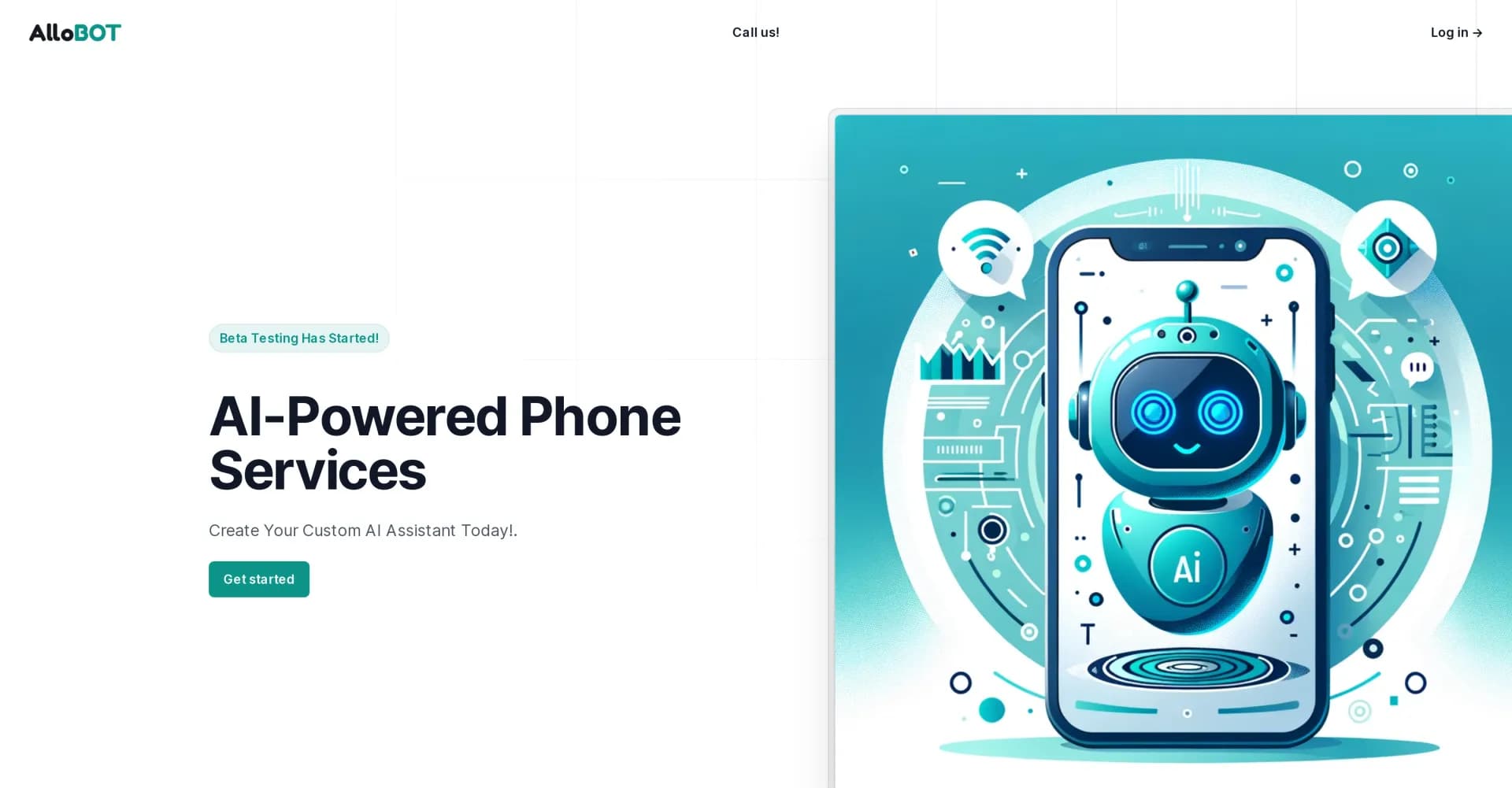 AlloBot homepage screenshot — Create your custom AI phone assistant today.