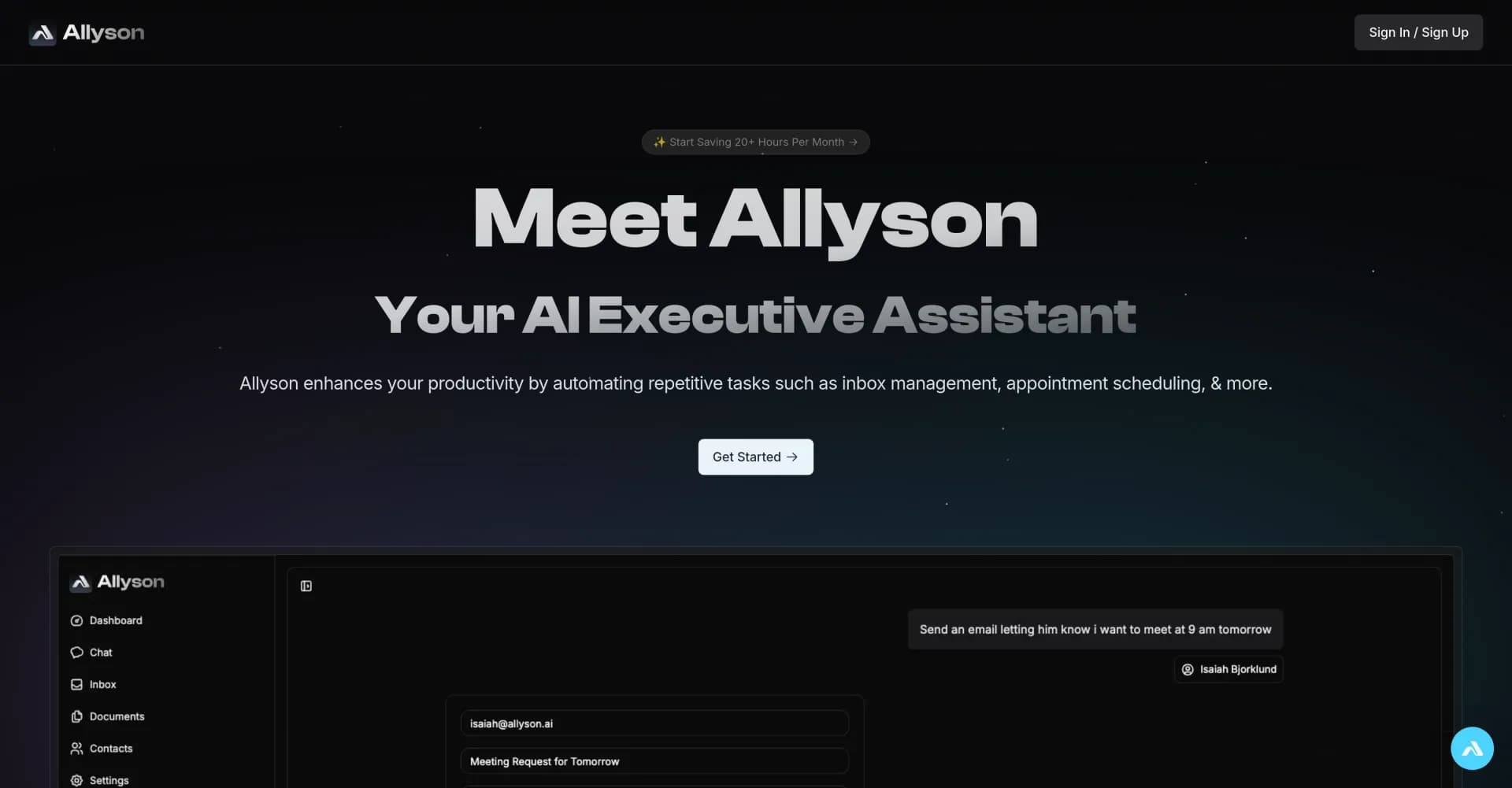 Allyson homepage screenshot — AI executive assistant for effortless productivity