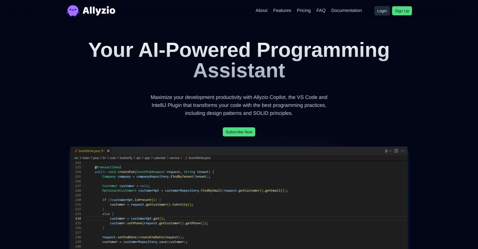 Allyzio Copilot homepage screenshot — Transform code with AI-powered best practices