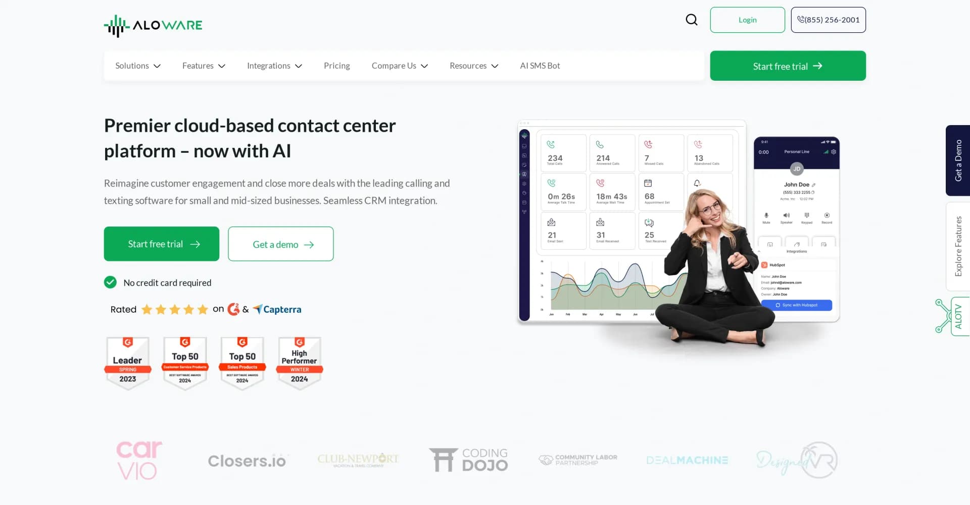 Aloware homepage screenshot — Elevate your CRM with powerful contact center tools