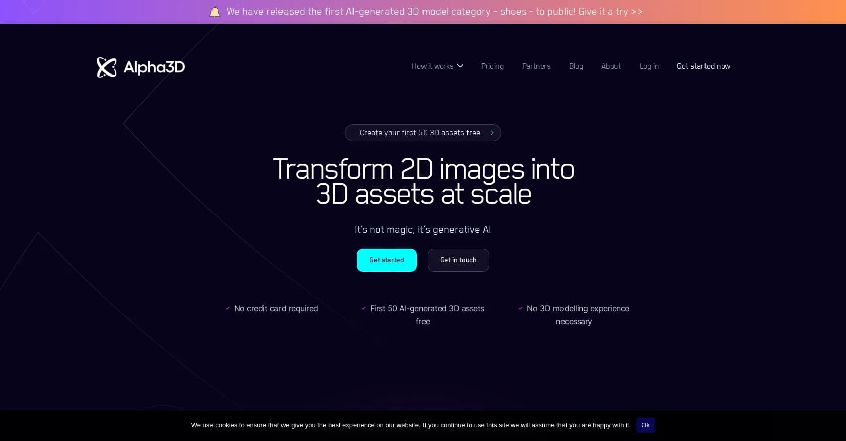 Alpha3D homepage screenshot — Transform 2D images into 3D assets with AI