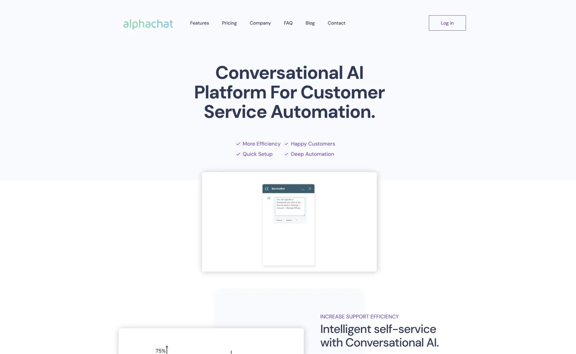 alphachat homepage screenshot — Automate customer service with AI chatbots.