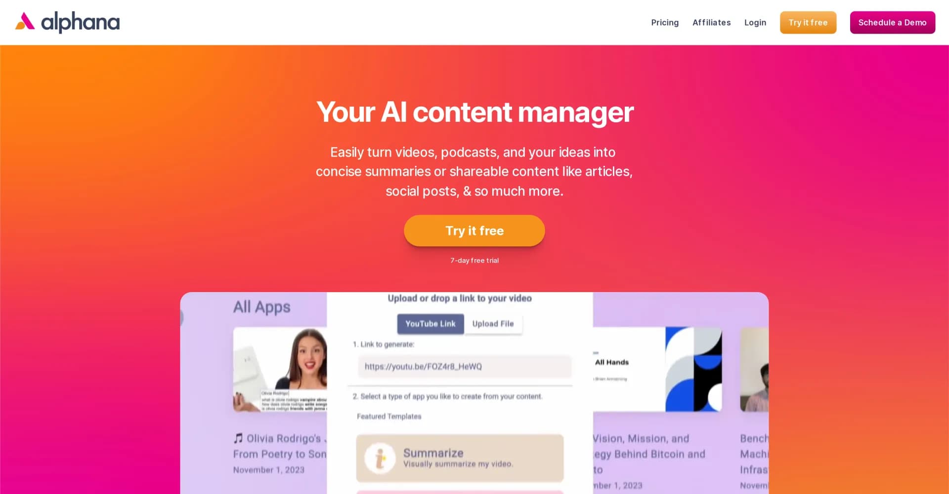 Alphana homepage screenshot — Turn media into shareable content with AI.