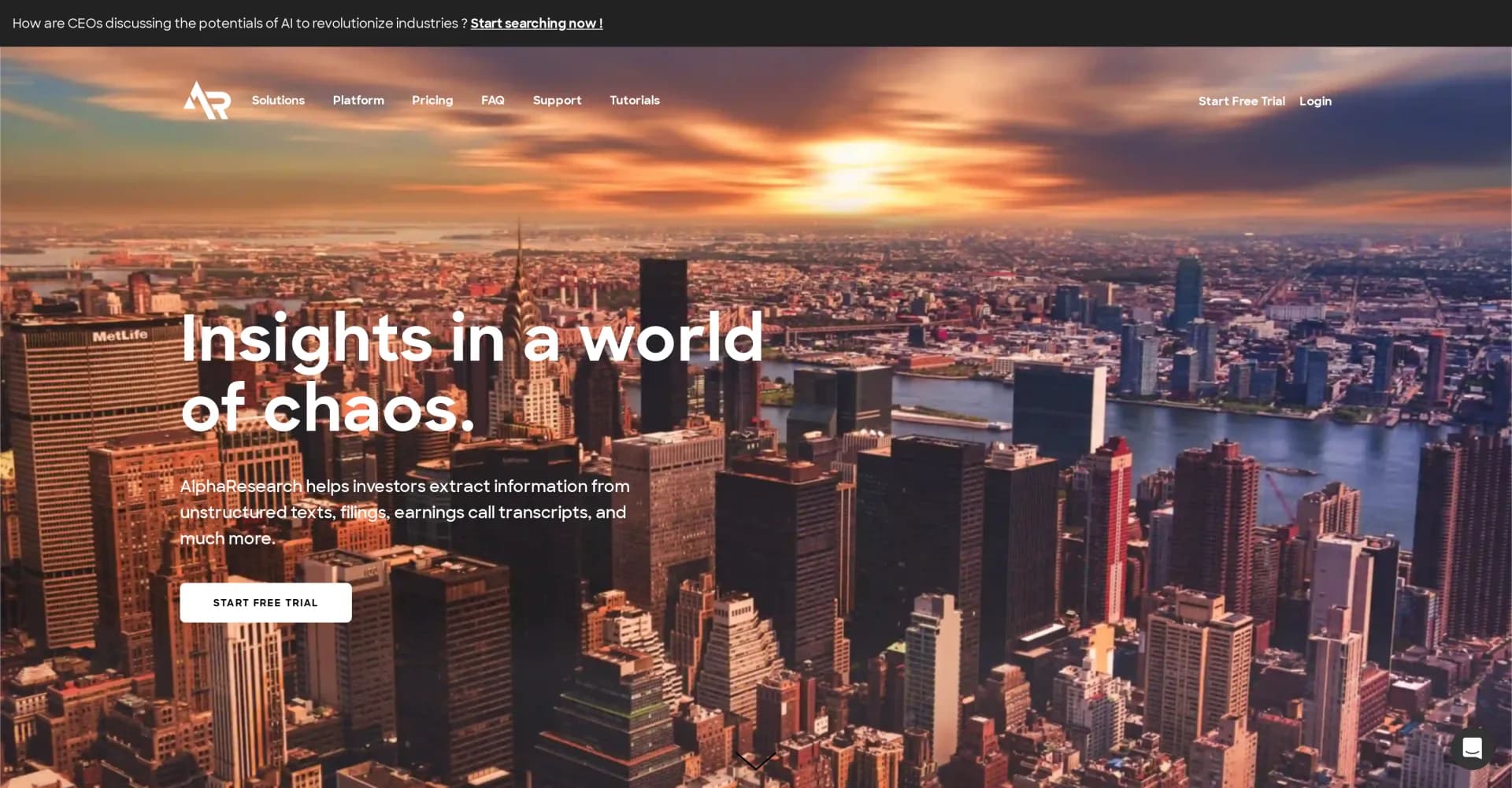 Alpharesearch homepage screenshot — Search company documents for powerful insights.
