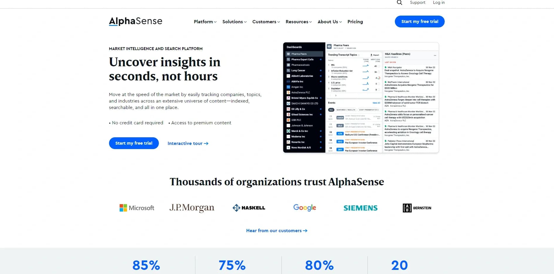 AlphaSense homepage screenshot — Find critical market intelligence in seconds