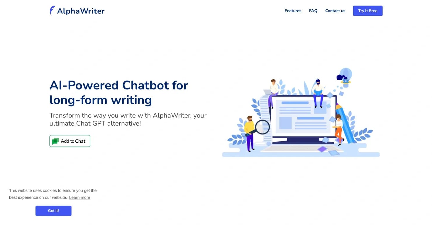 AlphaWriter homepage screenshot — AI-powered chatbot for long-form writing
