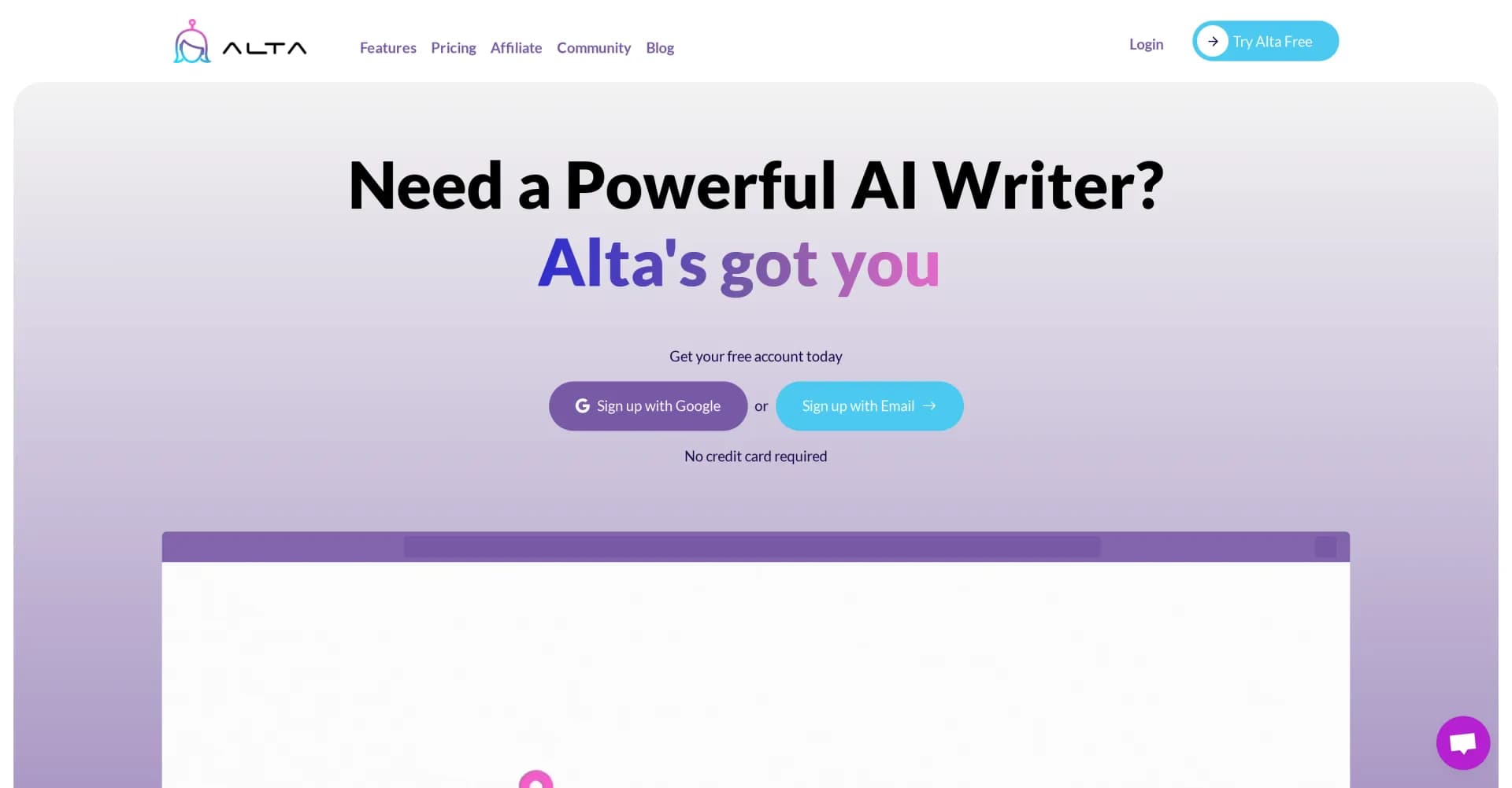 Alta homepage screenshot — Your Ultimate AI Writer: Powerful, Precise, Innovative.