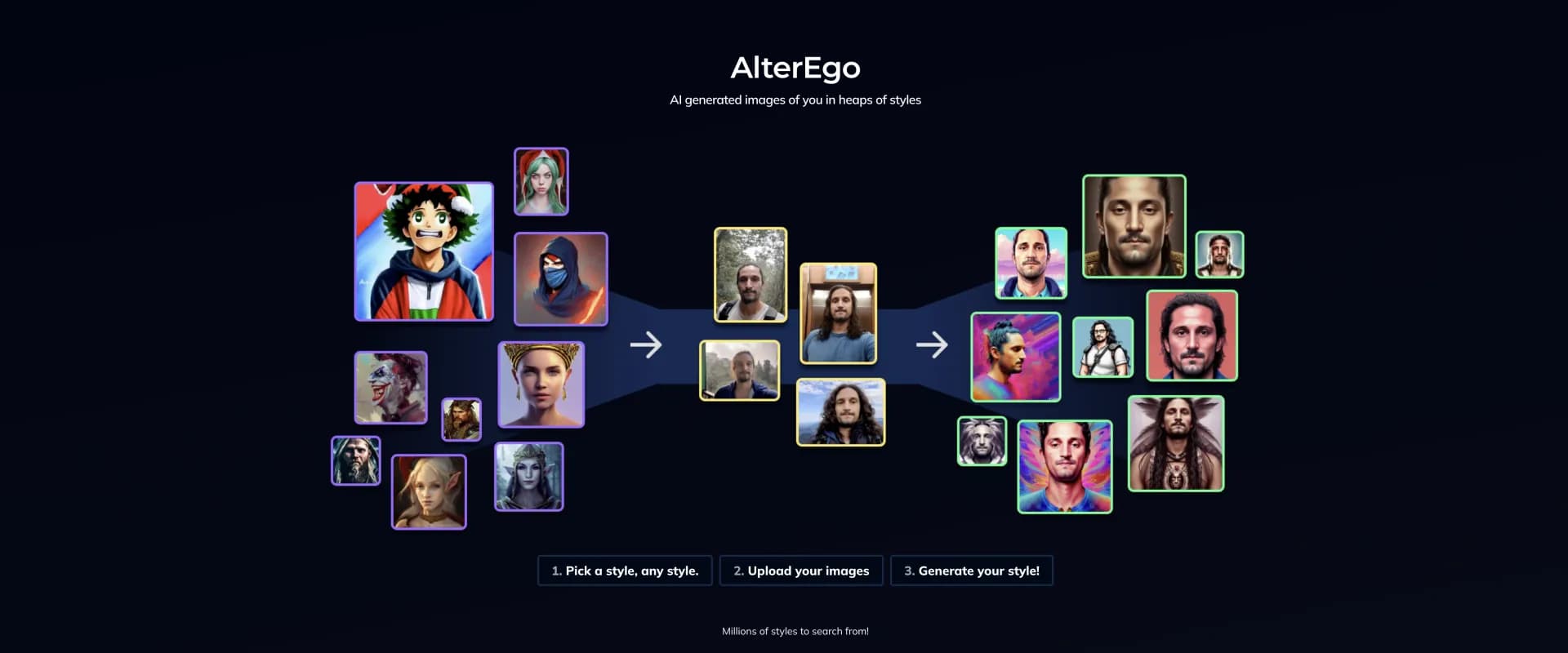Alter Ego AI homepage screenshot — Generate stylized AI images of yourself