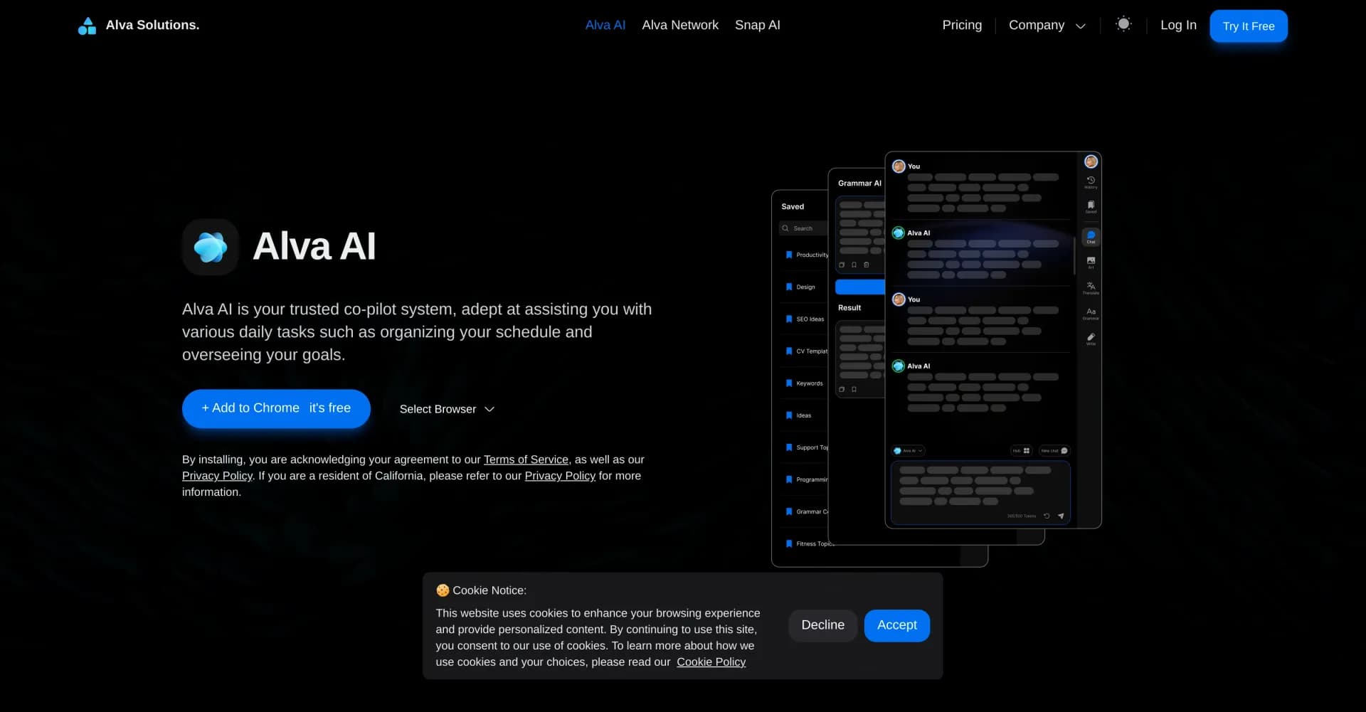 Alva AI homepage screenshot — Your AI co-pilot for daily tasks and goals.