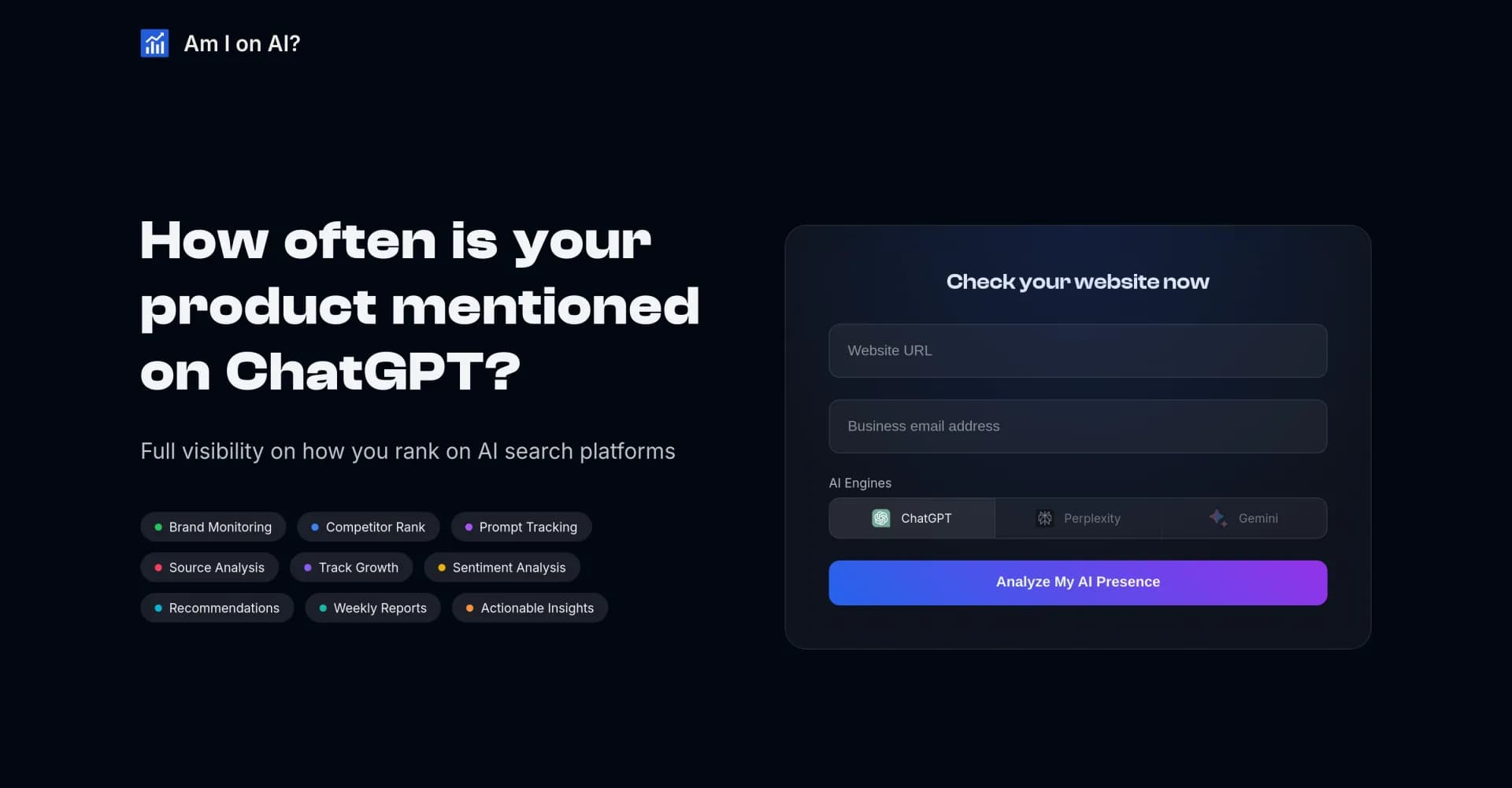 Am I on AI? homepage screenshot — Track your brand's AI visibility and rankings