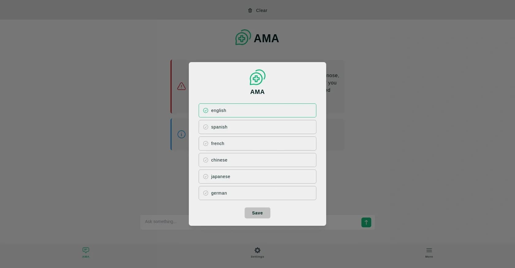 AMA homepage screenshot — Your AI helping hand