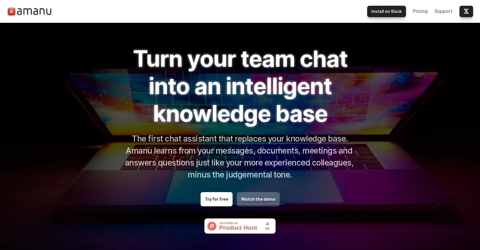 Amanu homepage screenshot — Turn team chat into an intelligent knowledge base.