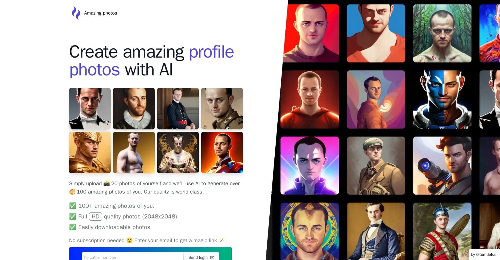 Amazing.photos homepage screenshot — AI-powered profile photo generator