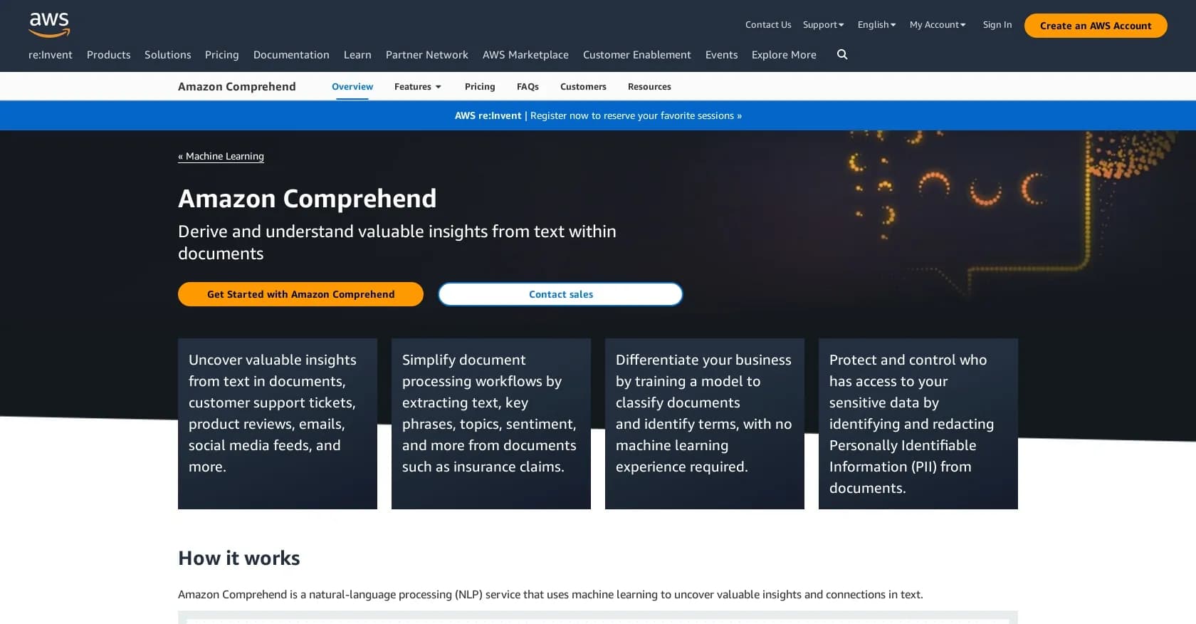 Amazon Comprehend homepage screenshot — Uncover insights from text with AI-powered NLP.