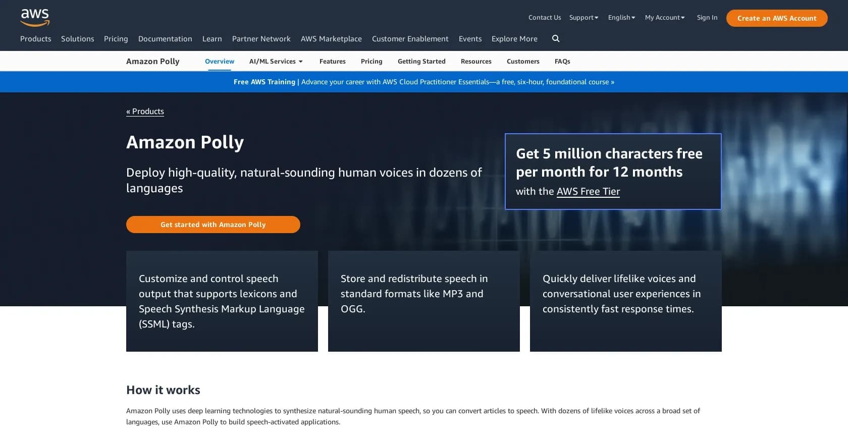 Amazon Polly homepage screenshot — Turn text into lifelike speech