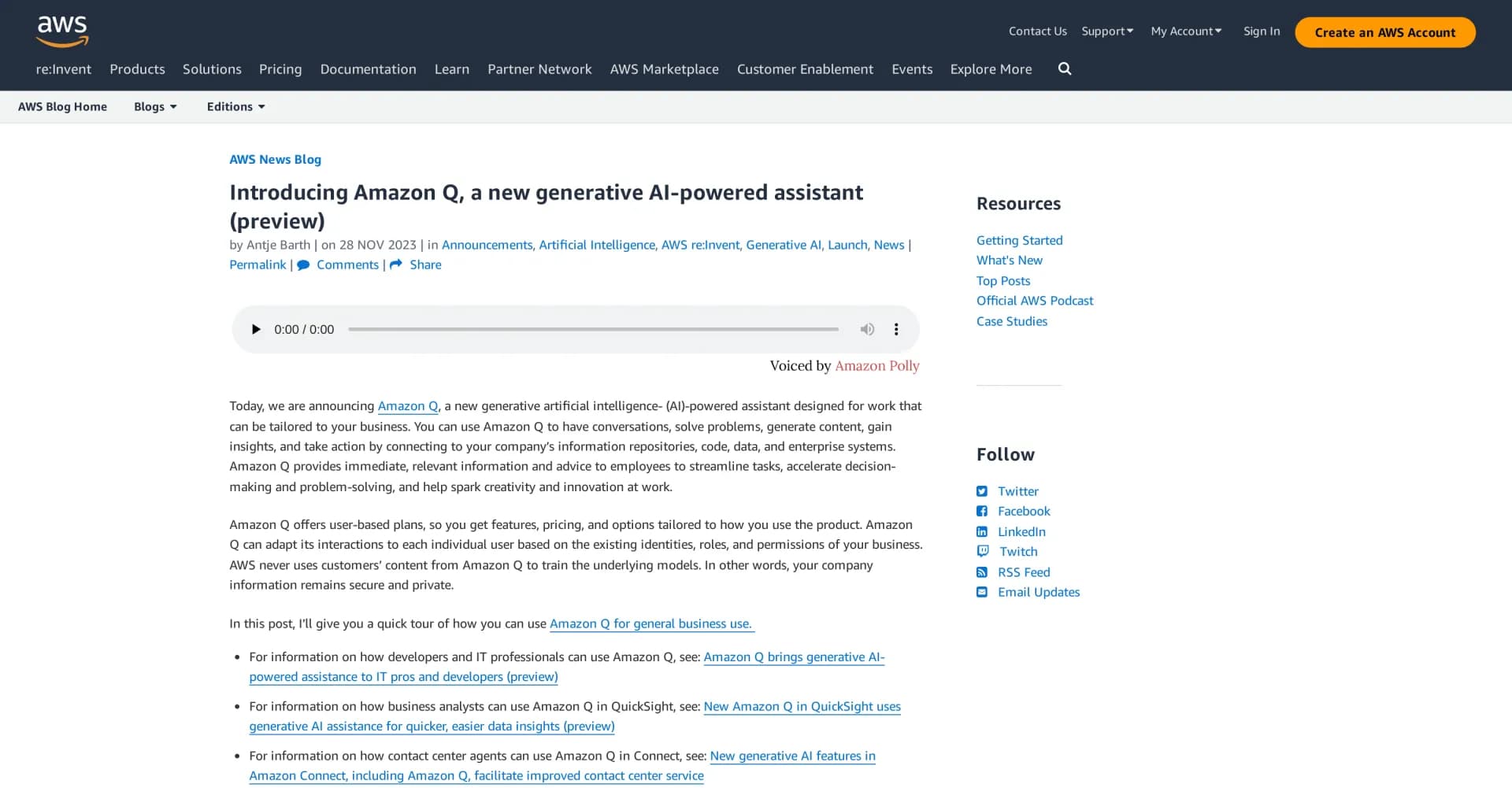 Amazon Q homepage screenshot — AI assistant that connects to your company's data for work i