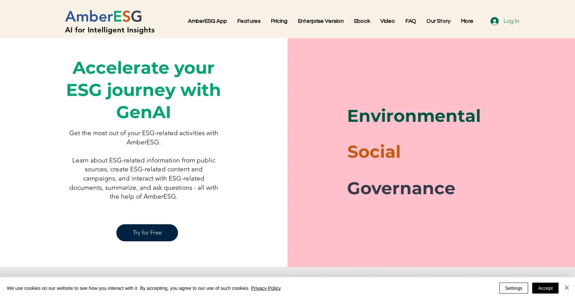 AmberESG homepage screenshot — GenAI for intelligent ESG insights