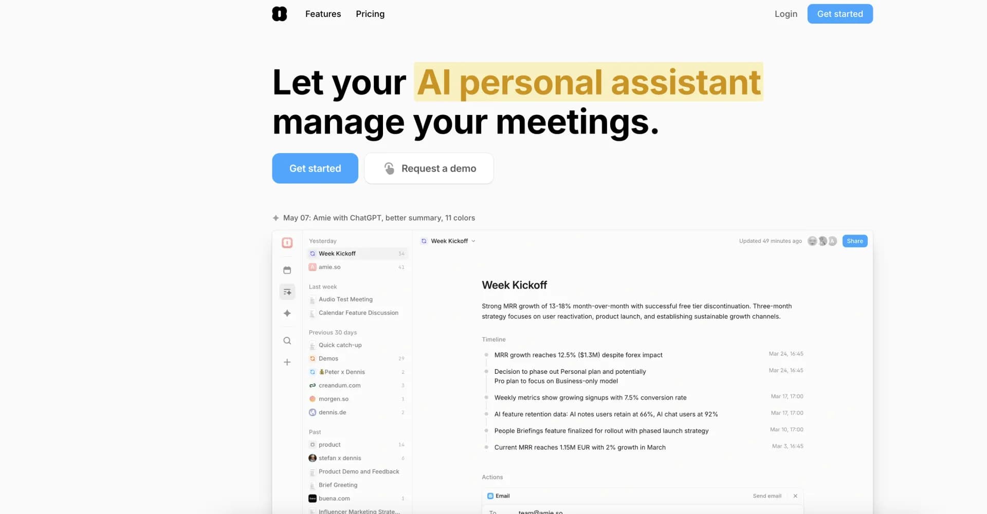 Amie - AI Note Taker homepage screenshot — Turn meeting notes into automated workflows.