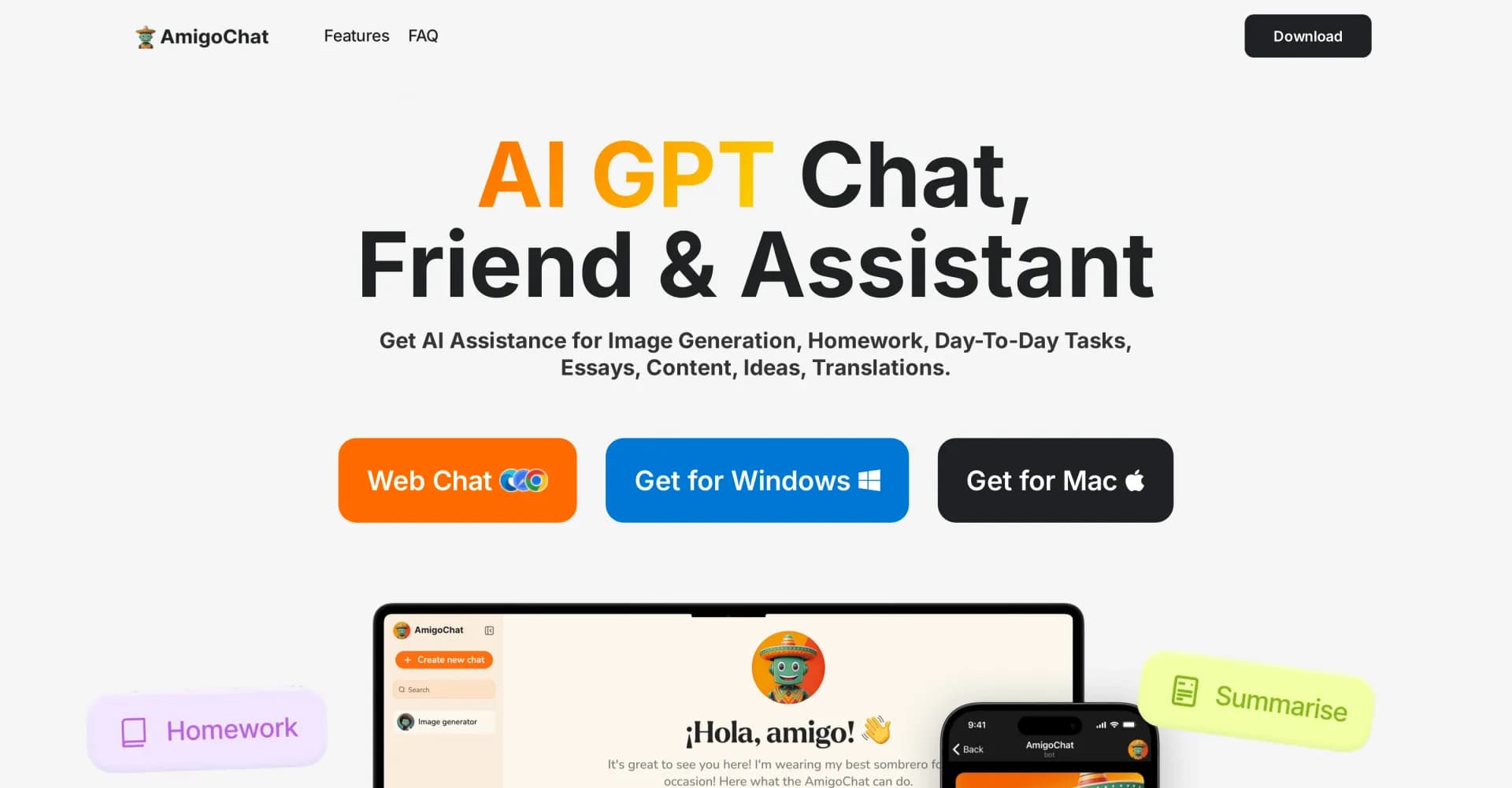 AmigoChat homepage screenshot — Your ultimate AI assistant for diverse tasks.