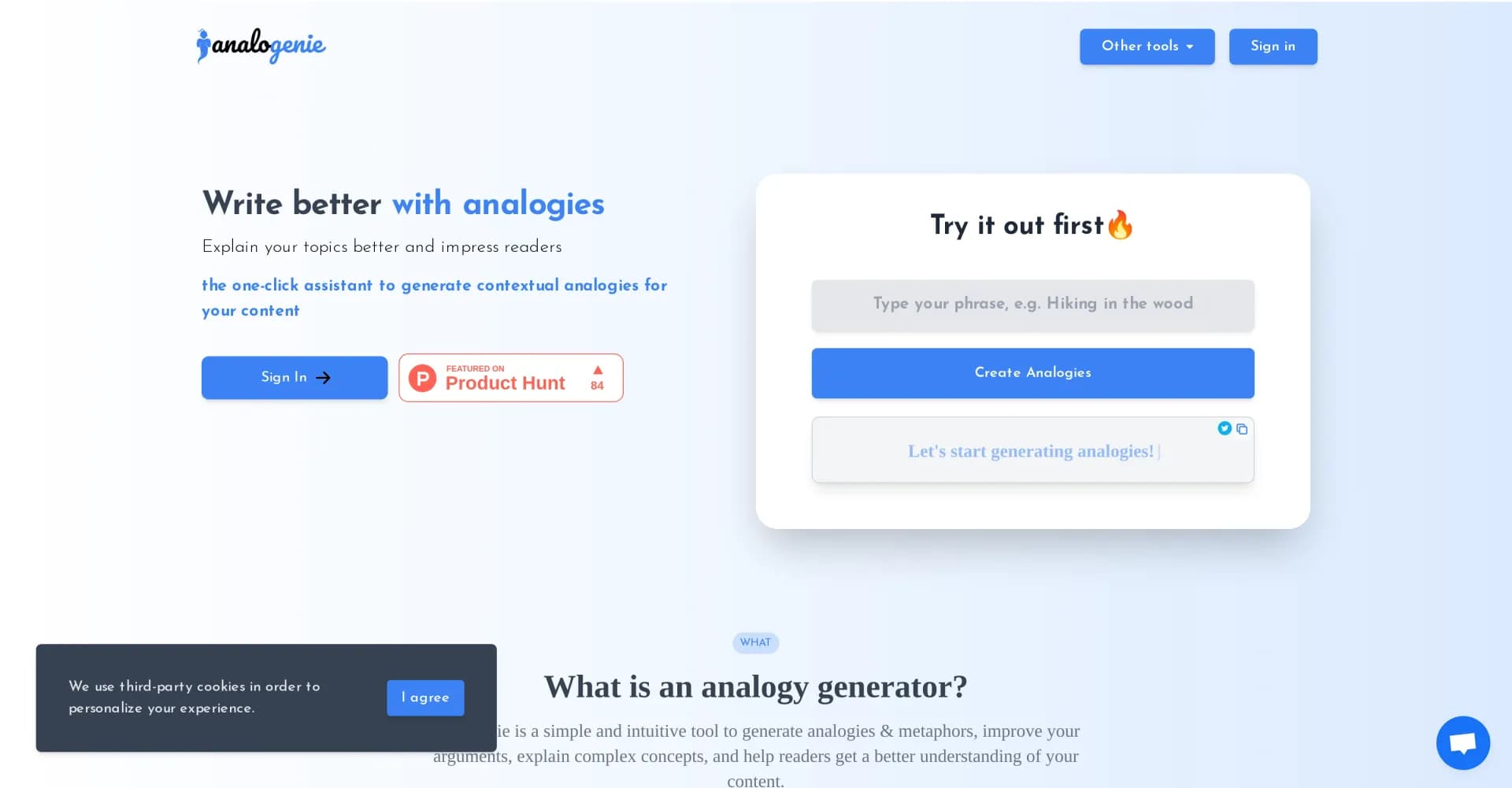 Analogenie homepage screenshot — Power up your writing with AI-generated analogies.