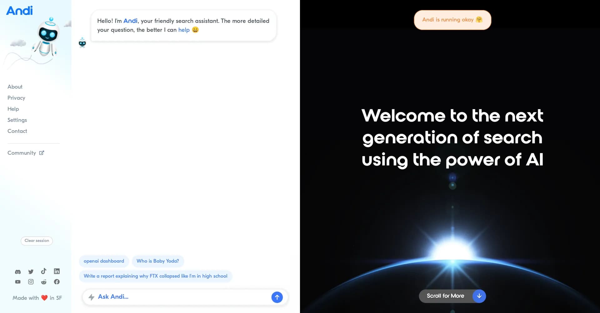 Andi homepage screenshot — Chat with AI for answers, not just links.