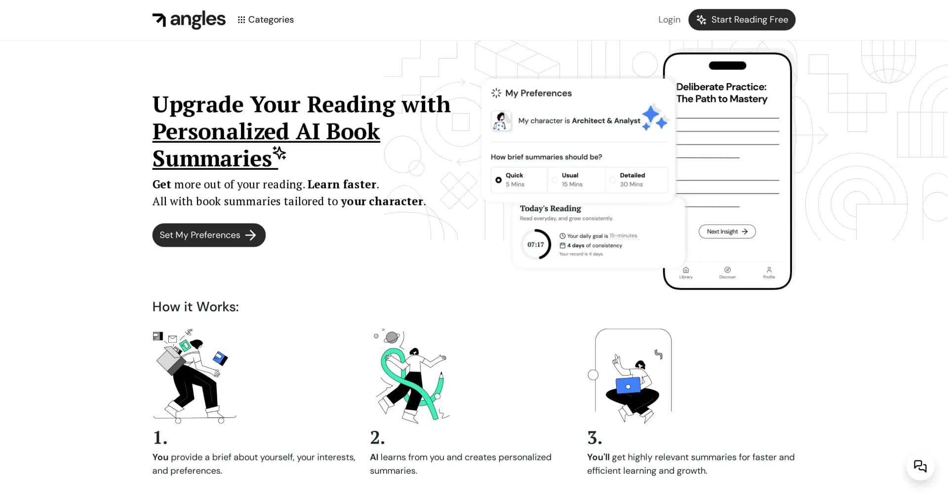 Angles homepage screenshot — AI-powered book summaries tailored to your character