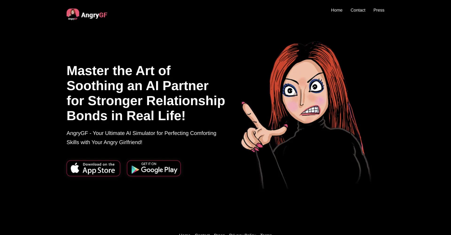 AngryGF homepage screenshot — Master the art of soothing angry partners.