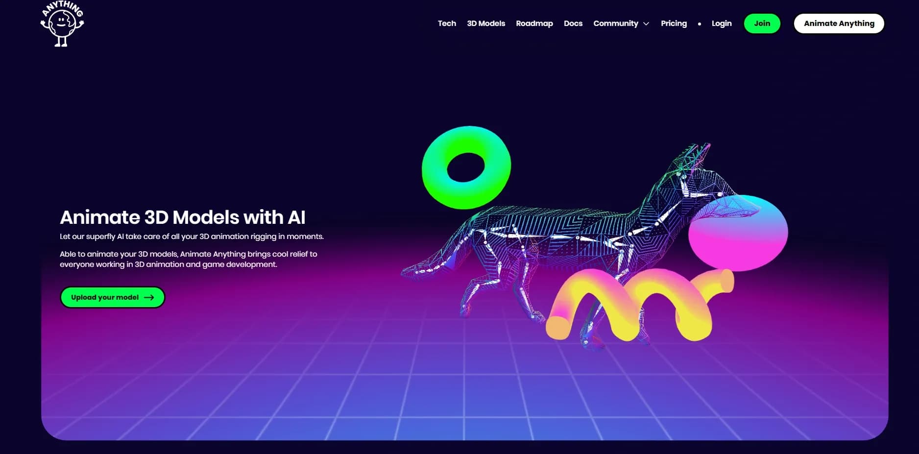 Animation Rigging homepage screenshot — Animate any 3D model with AI-powered rigging.