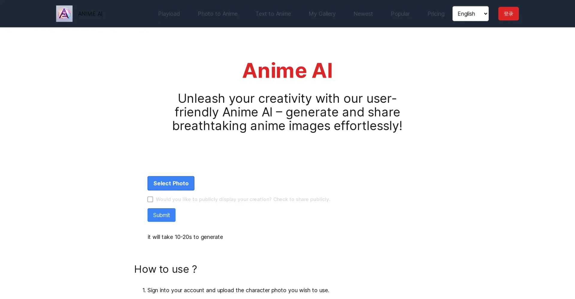 Anime AI homepage screenshot — Transform photos into stunning anime art.