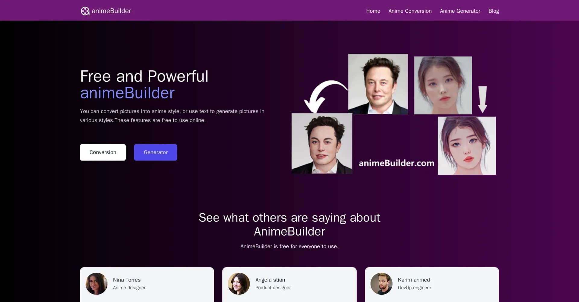 AnimeBuilder homepage screenshot — Transform photos into anime art and generate images from tex