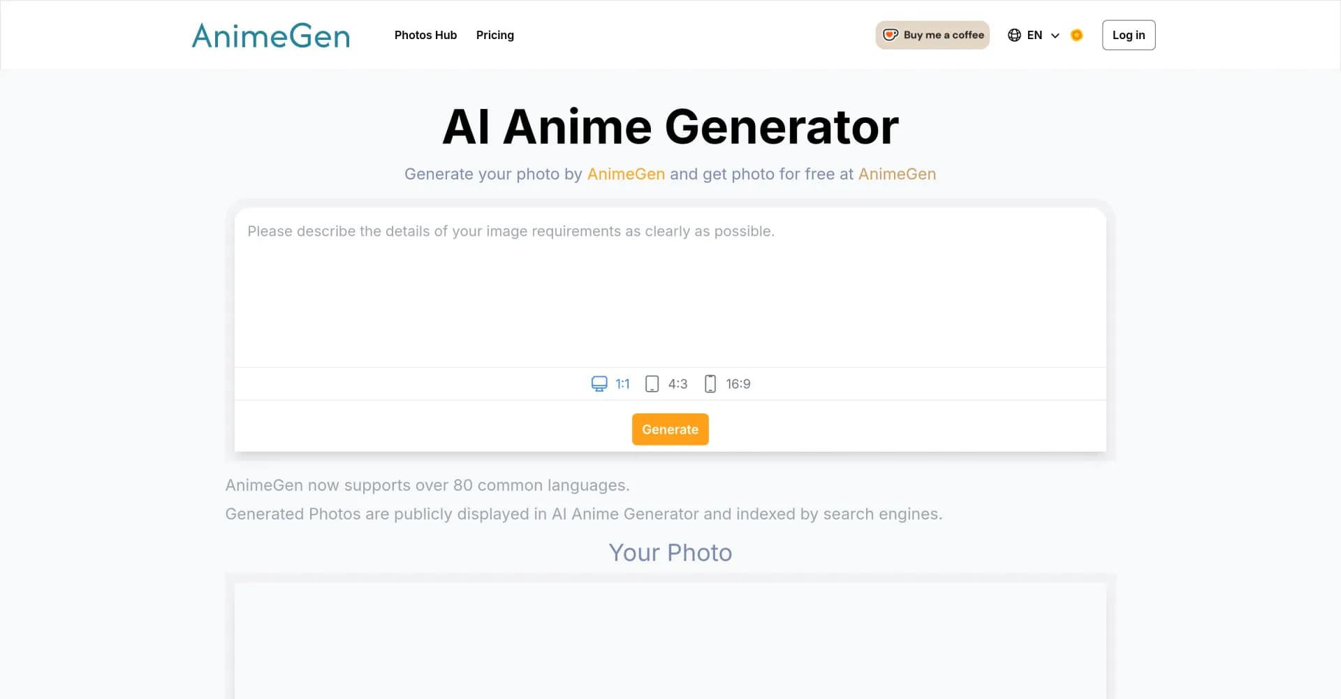 AnimeGen homepage screenshot — Create stunning anime images with AI