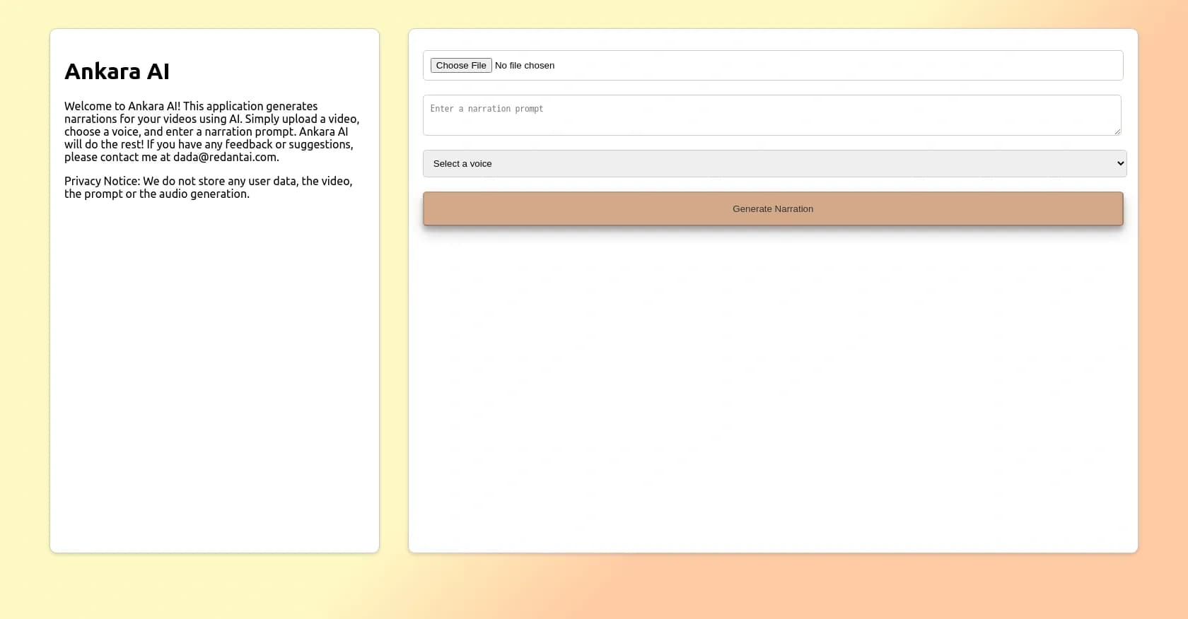 Ankara homepage screenshot — AI-powered video narration and commentary generator.