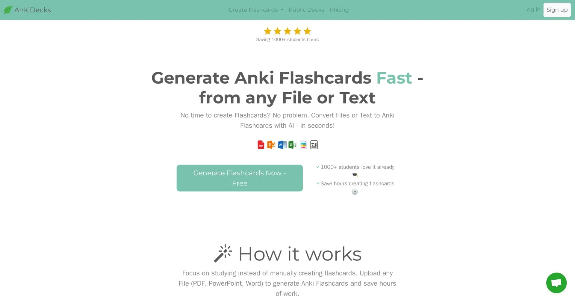 AnkiDecks homepage screenshot — Generate Anki flashcards instantly with AI
