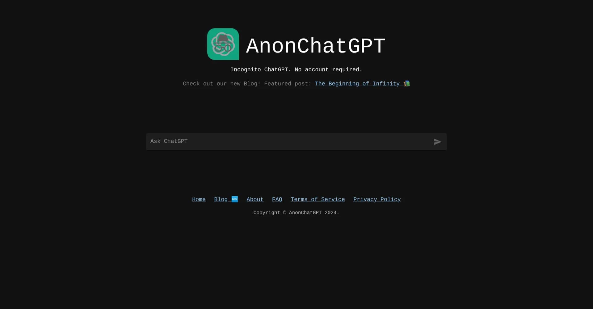 Anonchatgpt homepage screenshot — Chat anonymously with AI, no account needed.