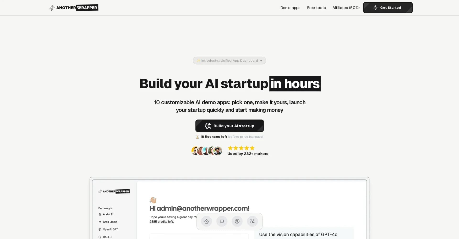Another Wrapper homepage screenshot — Build AI apps faster with 10 ready-to-use demo apps and powe