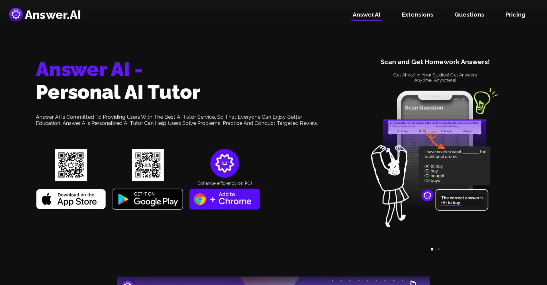 AnswerAI homepage screenshot — AI tutor that solves homework with a photo.