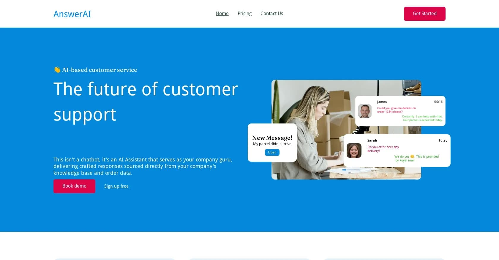 Answerai homepage screenshot — AI Assistant: Your company guru for exceptional customer sup