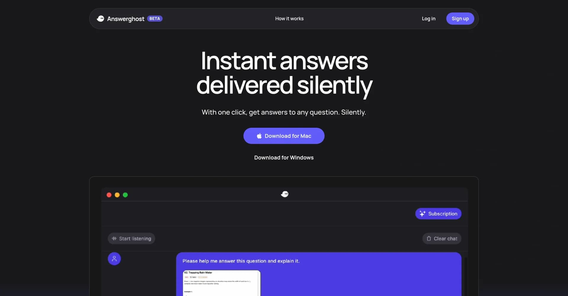 Answerghost homepage screenshot — Instant answers delivered silently with one click.
