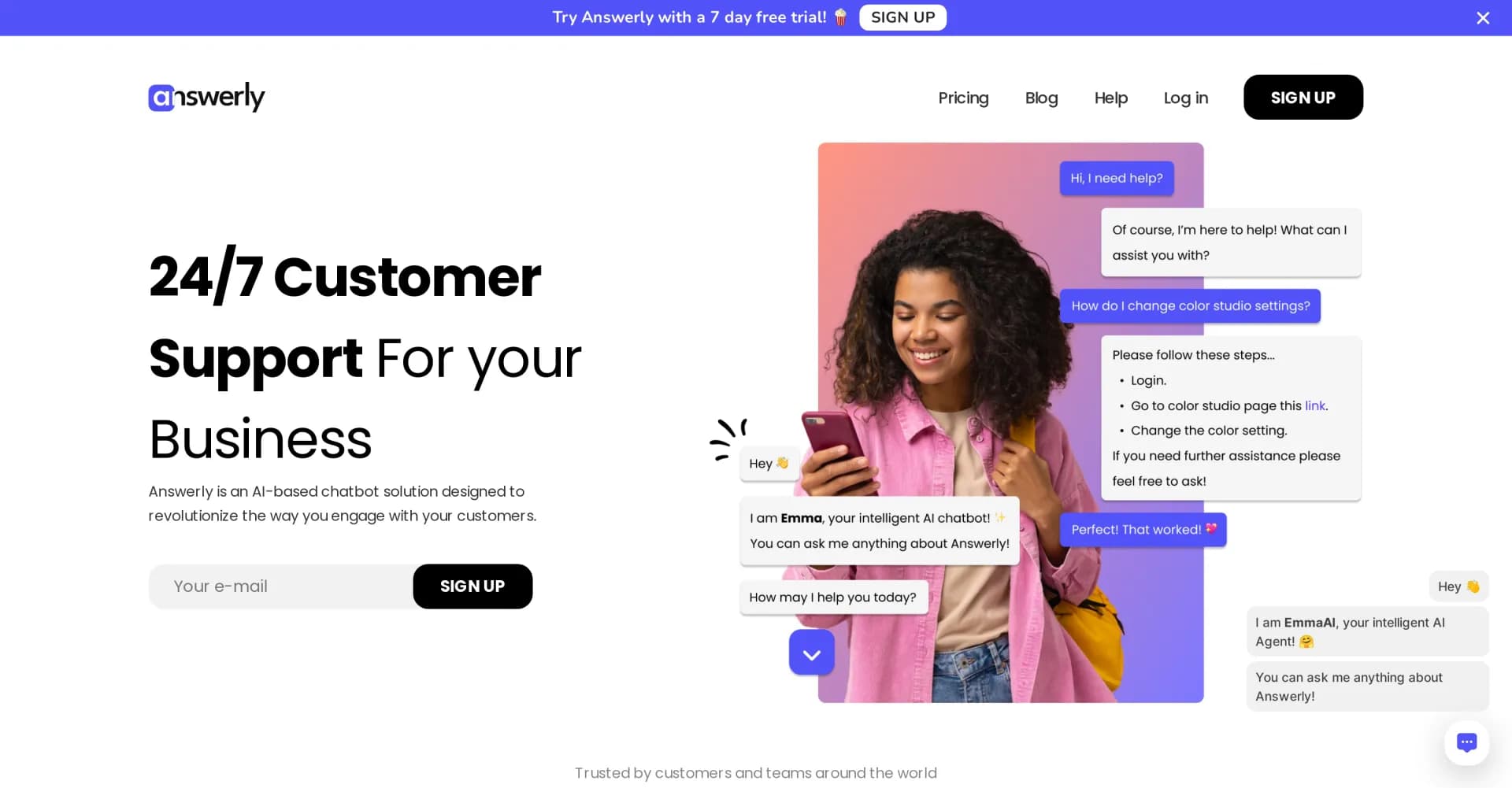 Answerly homepage screenshot — Revolutionize your customer engagement with our AI-based cha