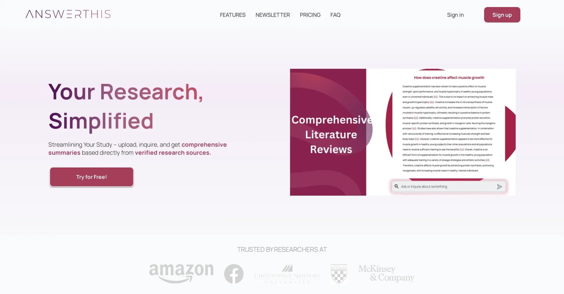 AnswerThis homepage screenshot — AI researcher: Questions to literature reviews from 200M+ pa