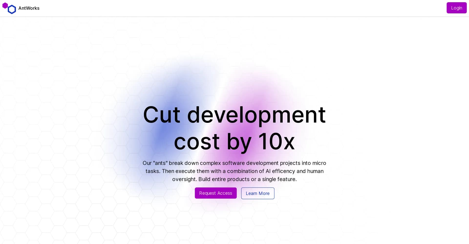 AntWorks homepage screenshot — Cut development costs by 10x with AI-powered microtasks